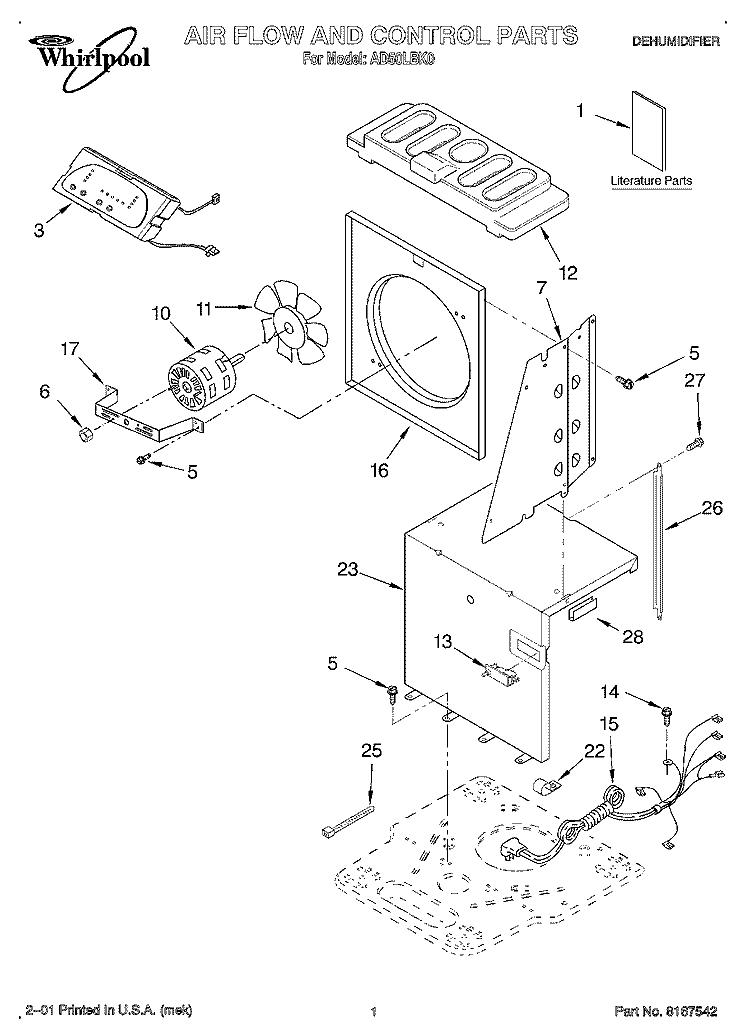 SECTION Diagram and Parts List for AD50LBK0  Whirlpool Dehumidifier