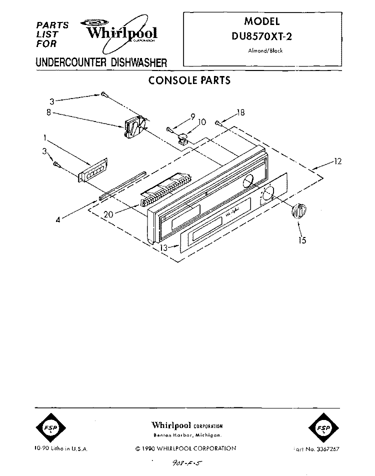CONSOLE Diagram and Parts List for DU8570XT2  Whirlpool Dishwasher