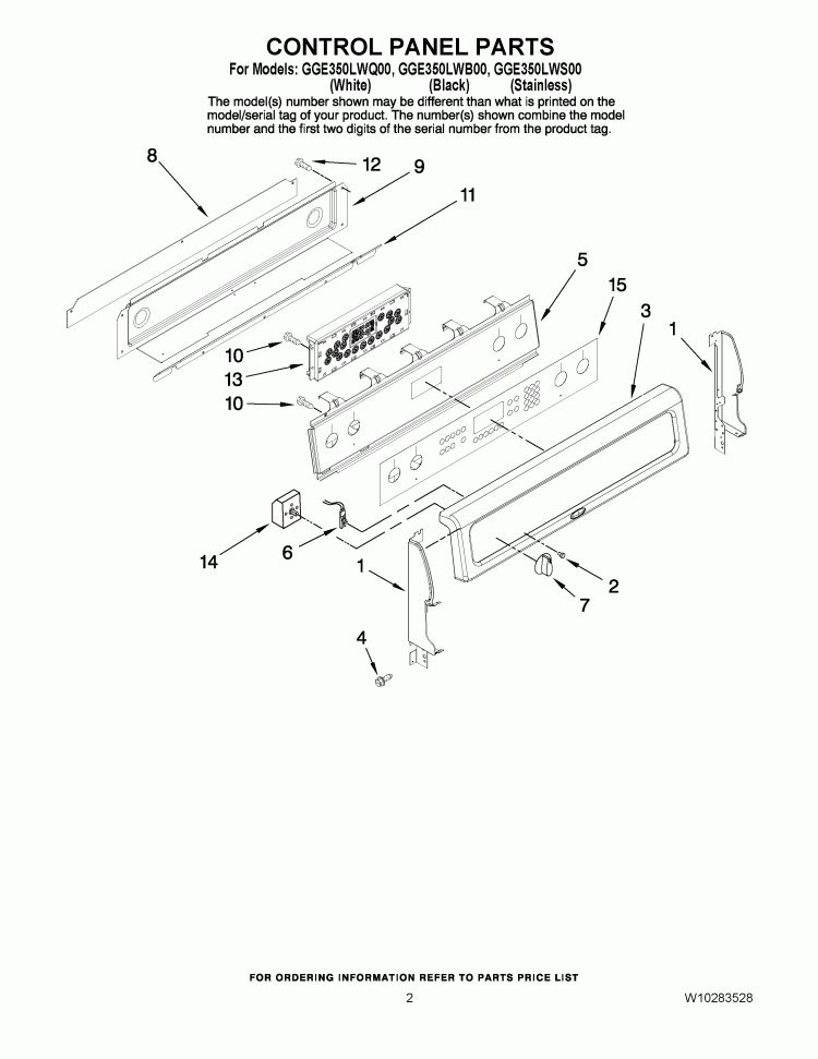 CONTROL PANEL PARTS Diagram and Parts List for GGE350LWQ00  Whirlpool Range