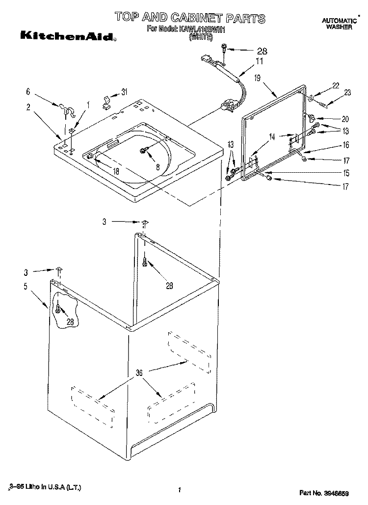 TOP AND CABINET, LIT/OPTIONAL Diagram and Parts List for KAWL410BWH1  KitchenAid Washer
