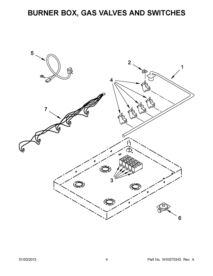 BURNER BOX, GAS VALVES AND SWITCHES Diagram and Parts List for GLS3665RS02  Whirlpool Cooktop