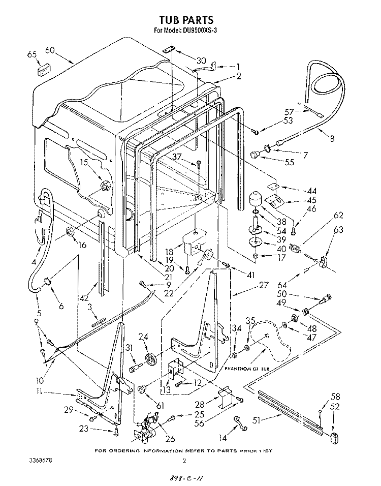 TUB , LITERATURE AND OPTIONAL Diagram and Parts List for DU9500XS3  Whirlpool Dishwasher