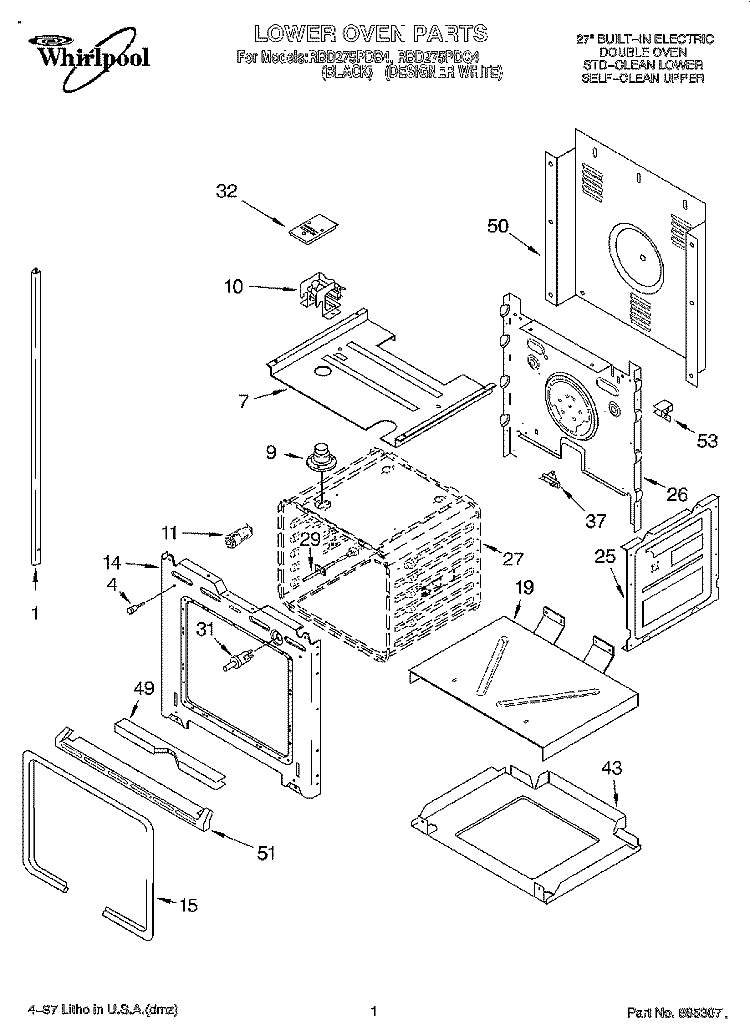 LOWER OVEN Diagram and Parts List for RBD275PDB4  Whirlpool Wall Oven