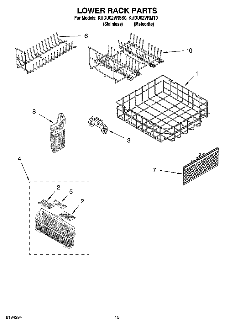 LOWER RACK PARTS, OPTIONAL PARTS (NOT INCLUDED) Diagram and Parts List for KUDU02VRSS0  KitchenAid Dishwasher