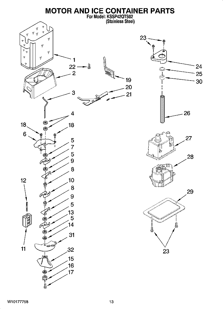 MOTOR AND ICE CONTAINER PARTS Diagram and Parts List for KSSP42QTS02  KitchenAid Refrigerator