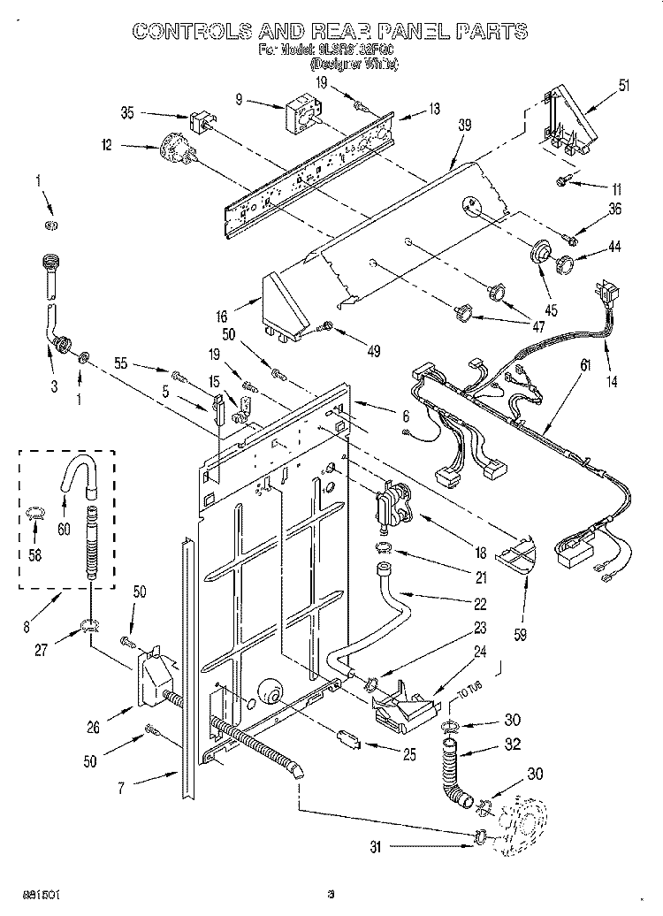 CONTROLS AND REAR PANEL Diagram and Parts List for 8LSR6132FQ0  Whirlpool Washer