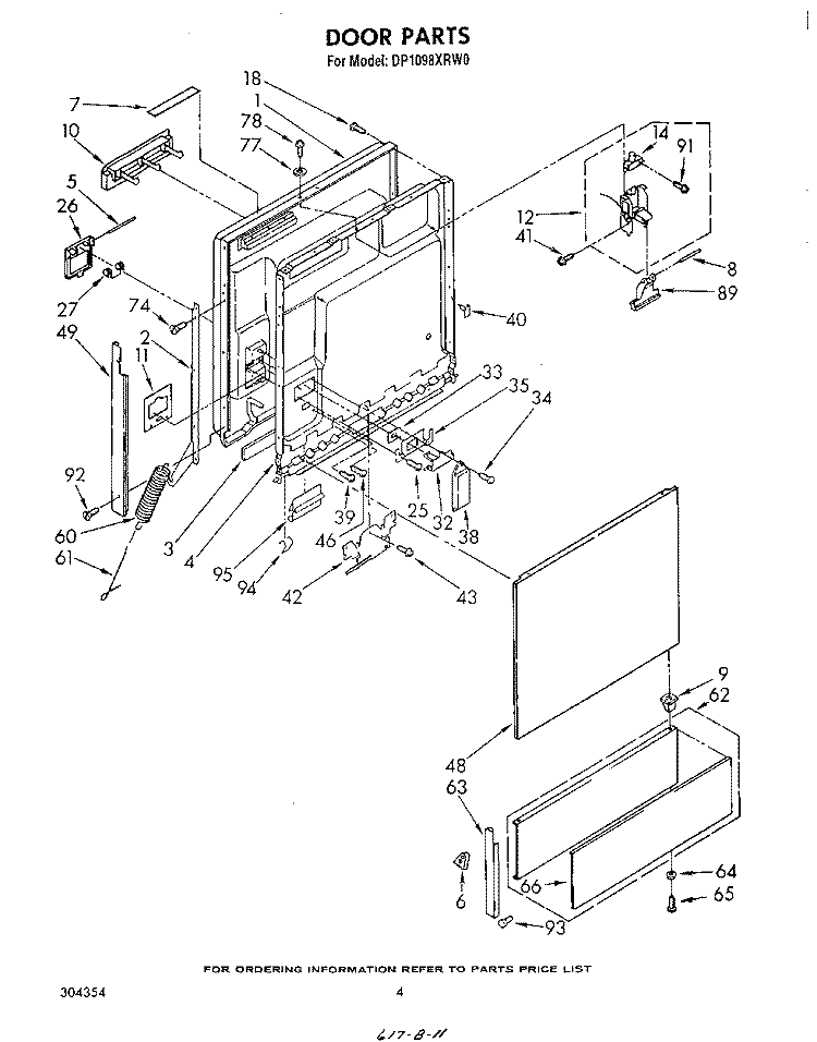 DOOR Diagram and Parts List for DP1098XRN0  Whirlpool Dishwasher