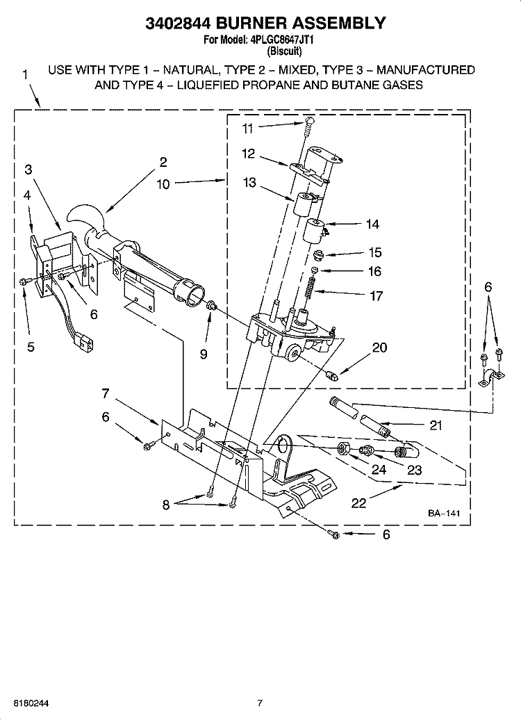 3402844 BURNER ASSEMBLY Diagram and Parts List for 4PLGC8647JT1  Whirlpool Dryer