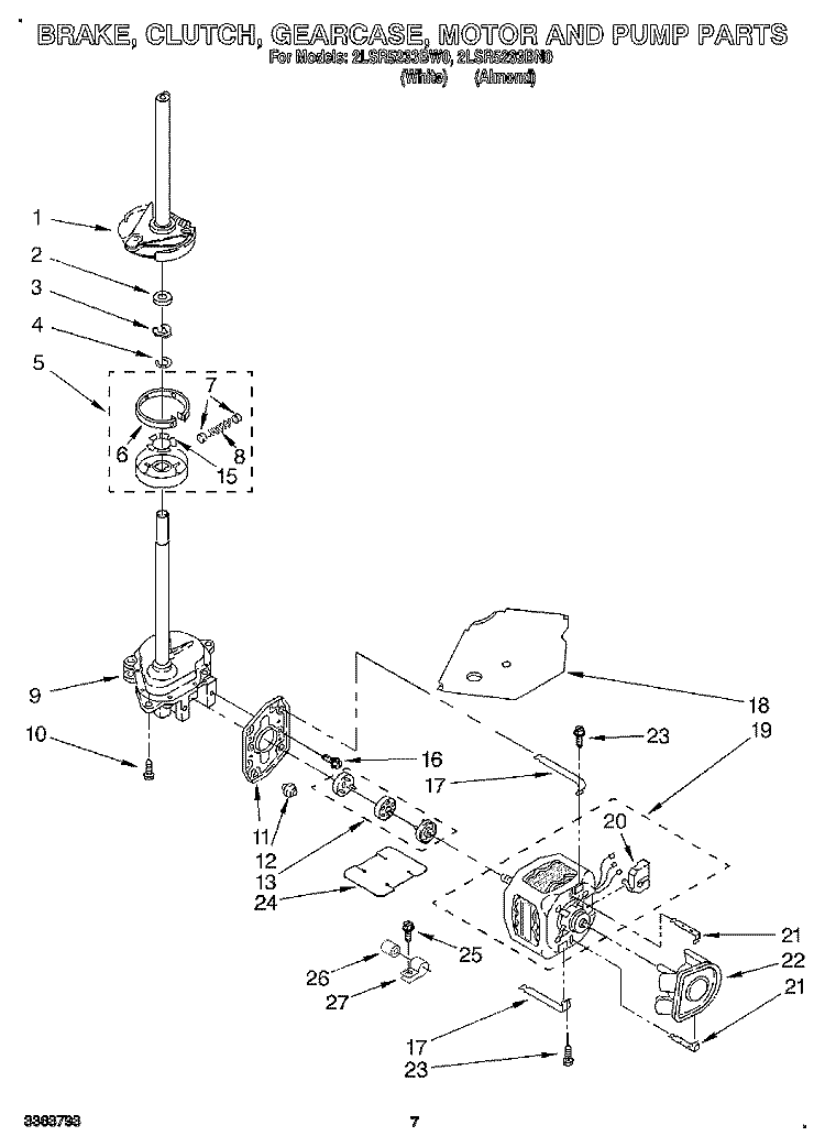 BRAKE, CLUTCH, GEARCASE, MOTOR & PUMP Diagram and Parts List for 2LSR5233BW0  Whirlpool Washer