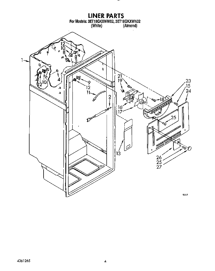 LINER Diagram and Parts List for 3ET18GKXWG02  Whirlpool Refrigerator