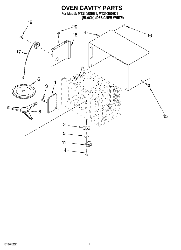 OVEN CAVITY Diagram and Parts List for MT3105SHQ1  Whirlpool Microwave