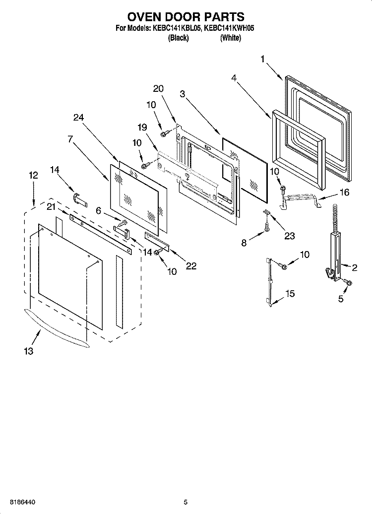 OVEN DOOR PARTS Diagram and Parts List for KEBC141KWH05  KitchenAid Wall Oven