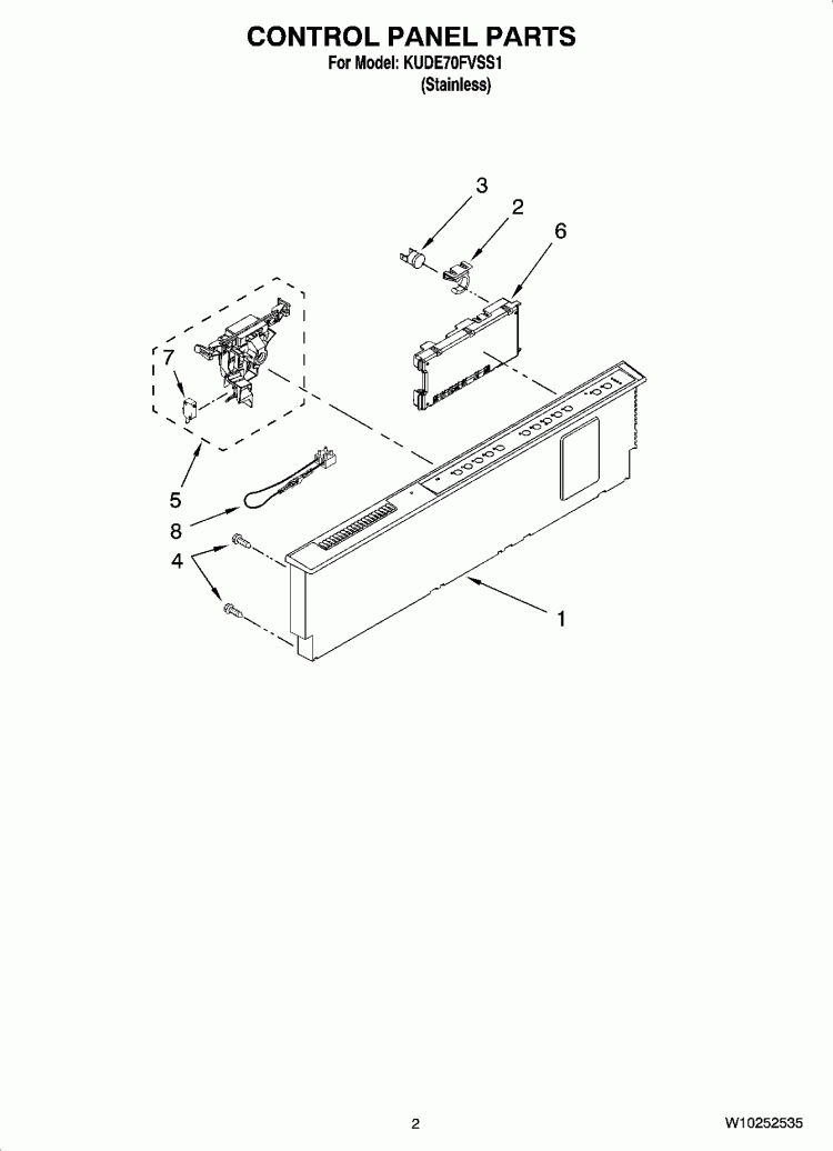 CONTROL PANEL PARTS Diagram and Parts List for KUDE70FVSS1  KitchenAid Dishwasher