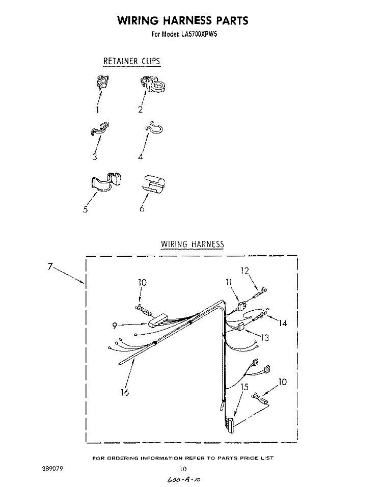 WIRING HARNESS Diagram and Parts List for LA5700XPW5  Whirlpool Washer