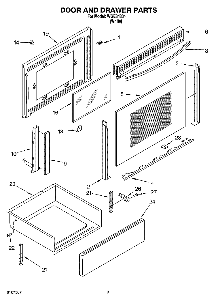 DOOR AND DRAWER PARTS Diagram and Parts List for WGE34304  Whirlpool Range