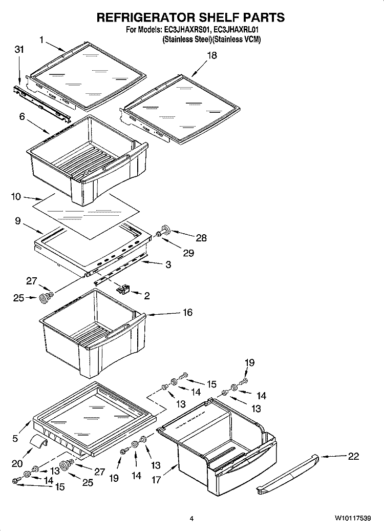 REFRIGERATOR SHELF PARTS Diagram and Parts List for EC3JHAXRS01  Whirlpool Refrigerator