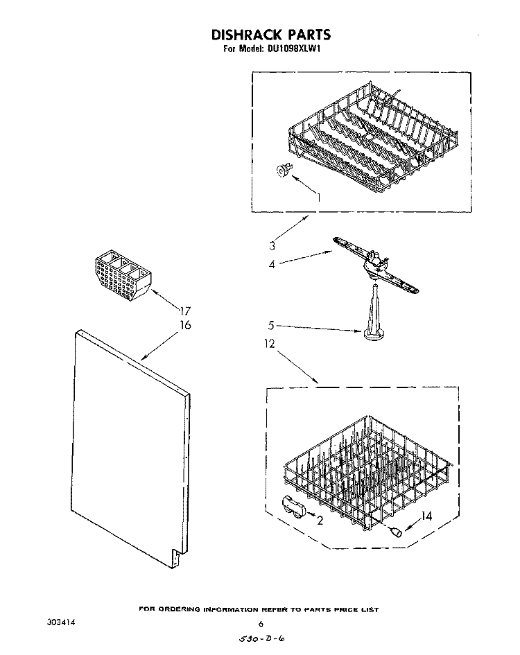 DISHRACK Diagram and Parts List for DU1098XLW1  Whirlpool Dishwasher