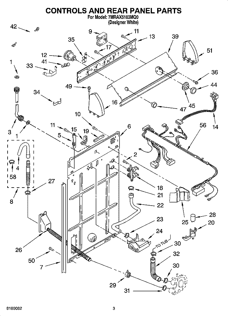 CONTROL AND REAR PANEL PARTS Diagram and Parts List for 7MRAX5103MQ0  Roper Washer