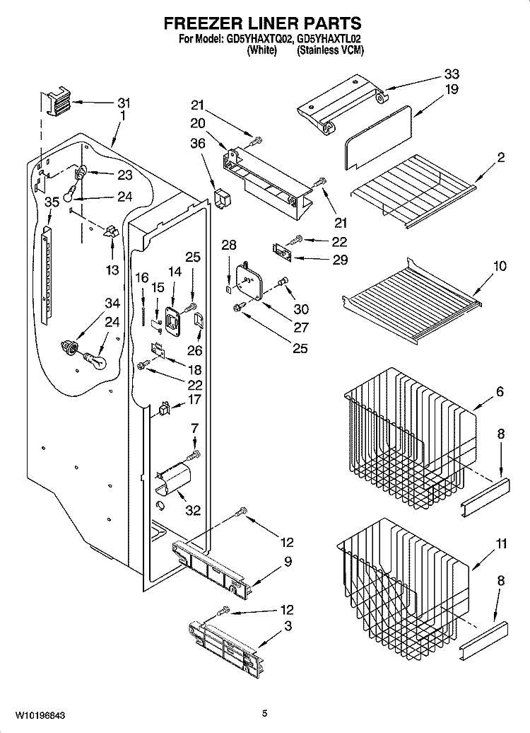 FREEZER LINER PARTS Diagram and Parts List for GD5YHAXTL02  Whirlpool Refrigerator