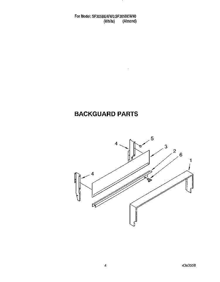 BACKGUARD Diagram and Parts List for SF305BEWW0  Whirlpool Range