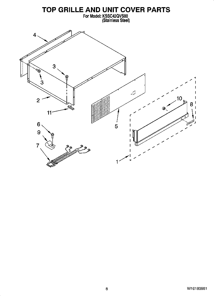 TOP GRILLE AND UNIT COVER PARTS Diagram and Parts List for KSSC42QVS00  KitchenAid Refrigerator