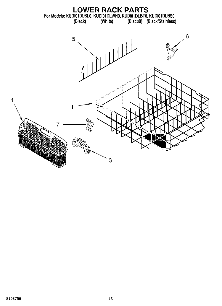 LOWER RACK Diagram and Parts List for KUDI01DLSS0  Whirlpool Dishwasher