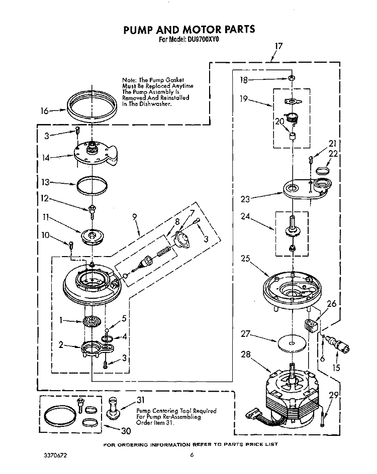 PUMP AND MOTOR Diagram and Parts List for DU9700XY0  Whirlpool Dishwasher