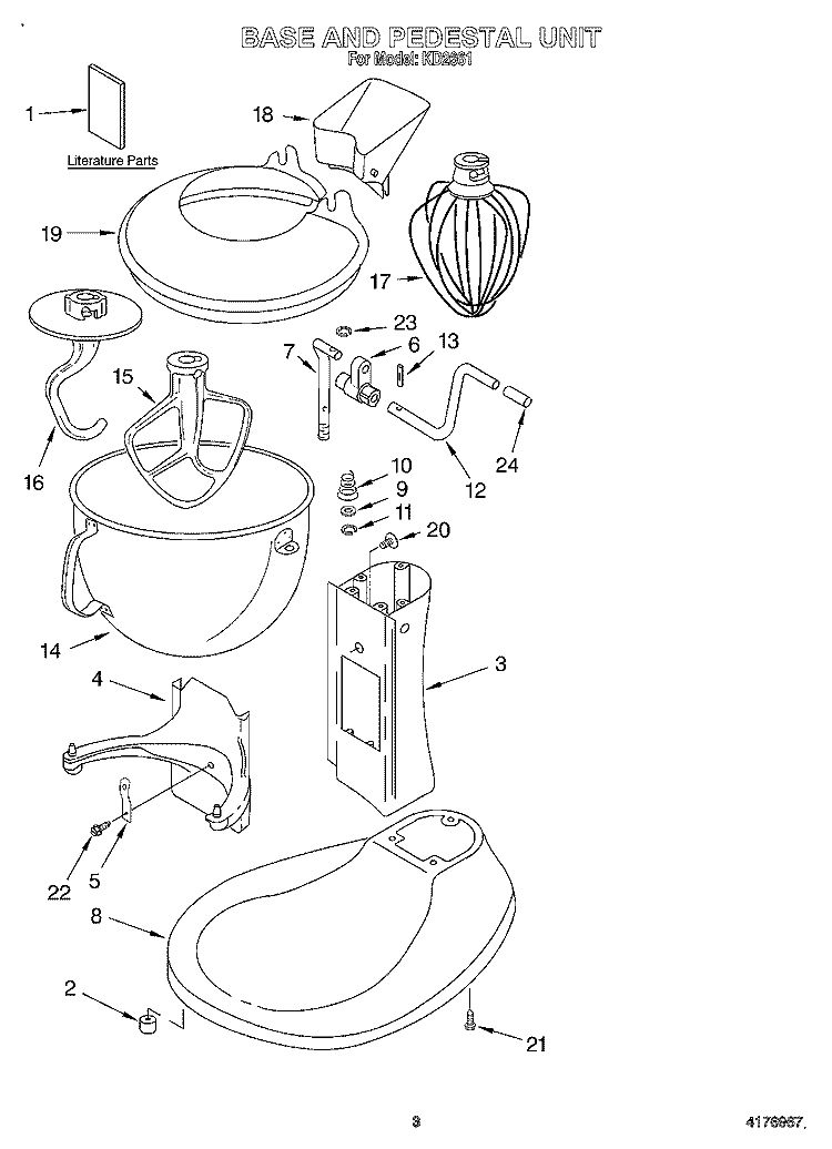 BASE & PEDESTAL, LITERATURE Diagram and Parts List for KD2661  KitchenAid Mixer