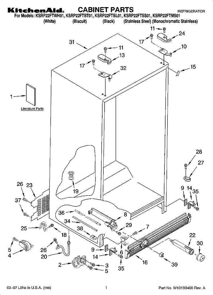 CABINET PARTS Diagram and Parts List for KSRP22FTWH01  KitchenAid Refrigerator
