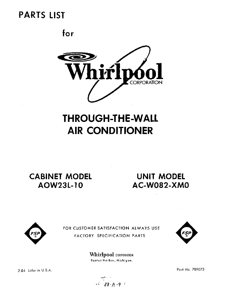 SECTION Diagram and Parts List for ACW082XM0  Whirlpool Air Conditioner