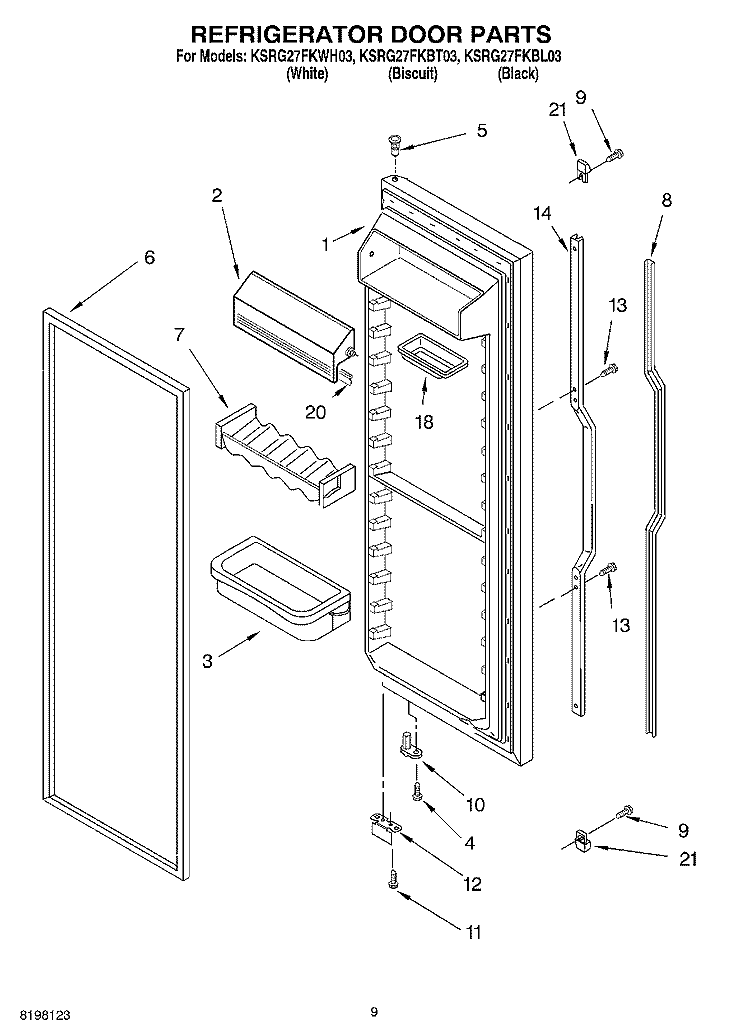 REFRIGERATOR DOOR Diagram and Parts List for KSRG27FKBL03  KitchenAid Refrigerator