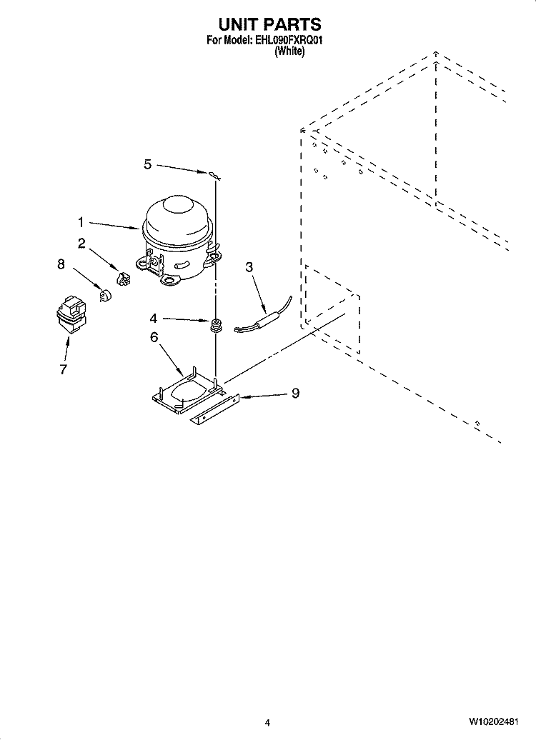 UNIT PARTS, OPTIONAL PARTS (NOT INCLUDED) Diagram and Parts List for EHL090FXRQ01  Whirlpool Freezer