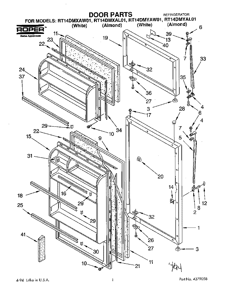 DOOR Diagram and Parts List for RT14DMYAW01  Roper Refrigerator