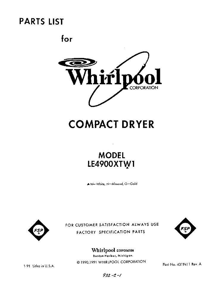 SECTION Diagram and Parts List for LE4900XTN1  Whirlpool Dryer
