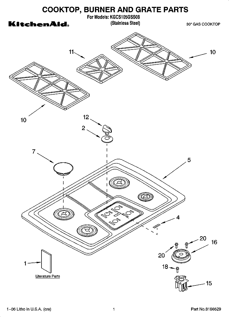 COOKTOP, BURNER AND GRATE PARTS Diagram and Parts List for KGCS105GSS08  KitchenAid Cooktop
