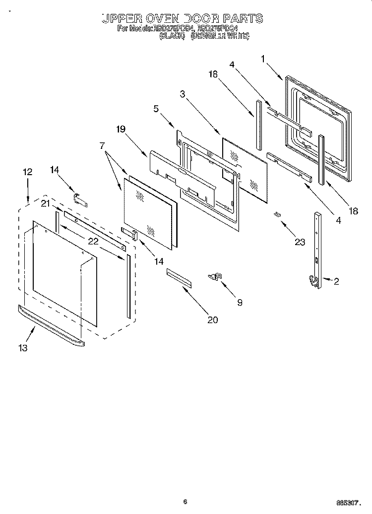 UPPER OVEN DOOR Diagram and Parts List for RBD275PDB4  Whirlpool Wall Oven
