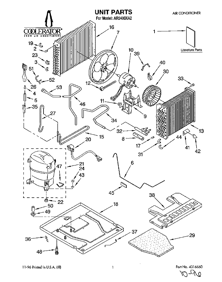UNIT, LITERATURE Diagram and Parts List for AR2400XA2  Whirlpool Air Conditioner