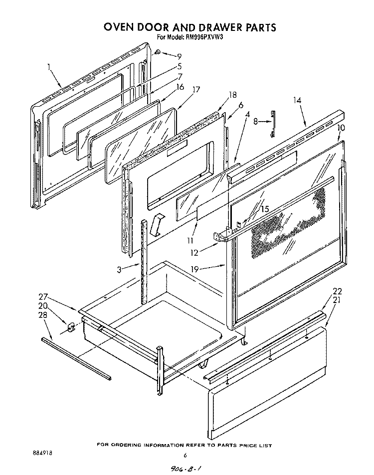 OVEN DOOR AND DRAWER Diagram and Parts List for RM996PXVN3  Whirlpool Microwave Oven Combo
