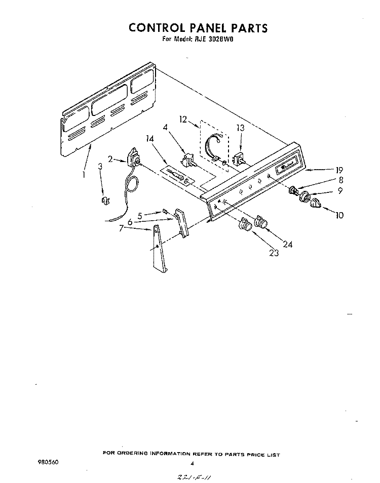 CONTROL PANEL Diagram and Parts List for RJE302BW0  Whirlpool Range