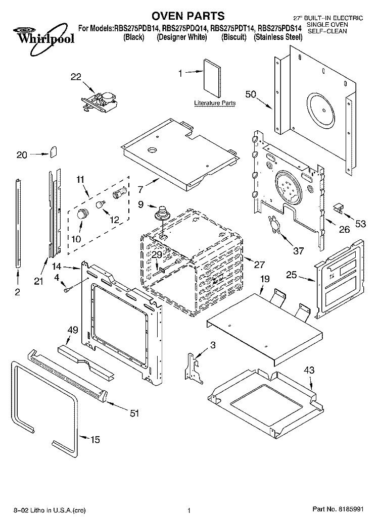 OVEN, LITERATURE Diagram and Parts List for RBS275PDT14  Whirlpool Wall Oven