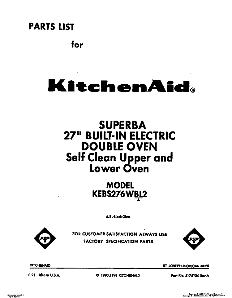 COVER Diagram and Parts List for KEBS276WBL2  KitchenAid Wall Oven