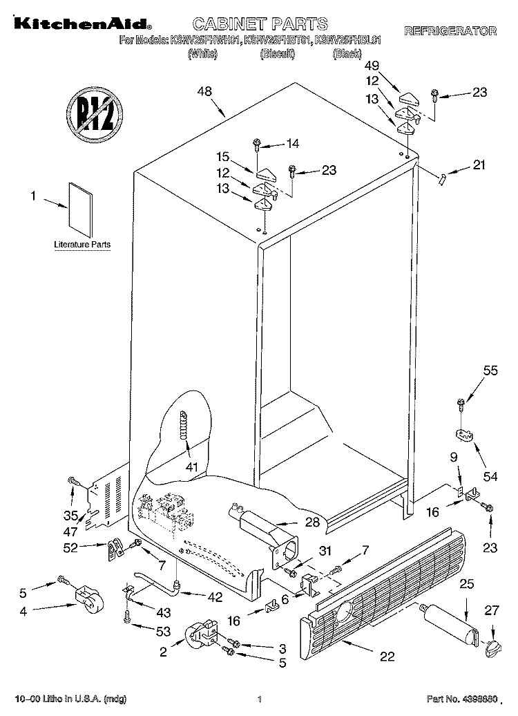 CABINET, LITERATURE Diagram and Parts List for KSRV25FHBT01  KitchenAid Refrigerator