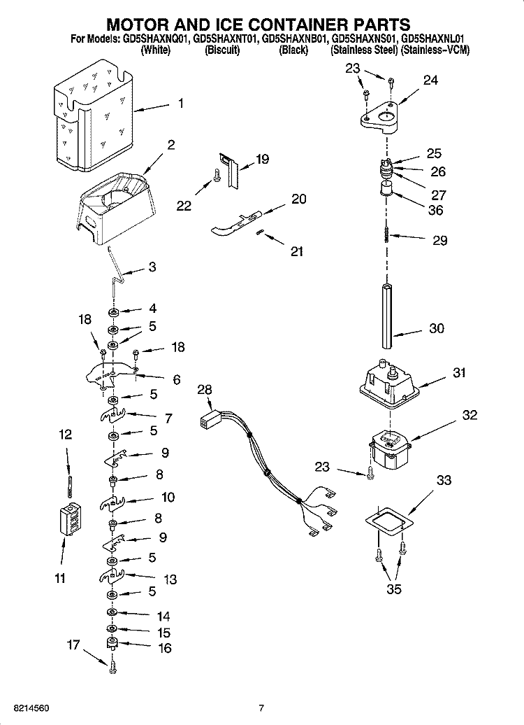 MOTOR AND ICE CONTAINER PARTS Diagram and Parts List for GD5SHAXNB01  Whirlpool Refrigerator