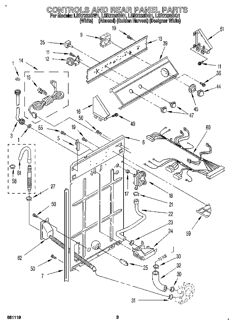 CONTROLS AND REAR PANEL Diagram and Parts List for LSR7233BG1  Whirlpool Washer
