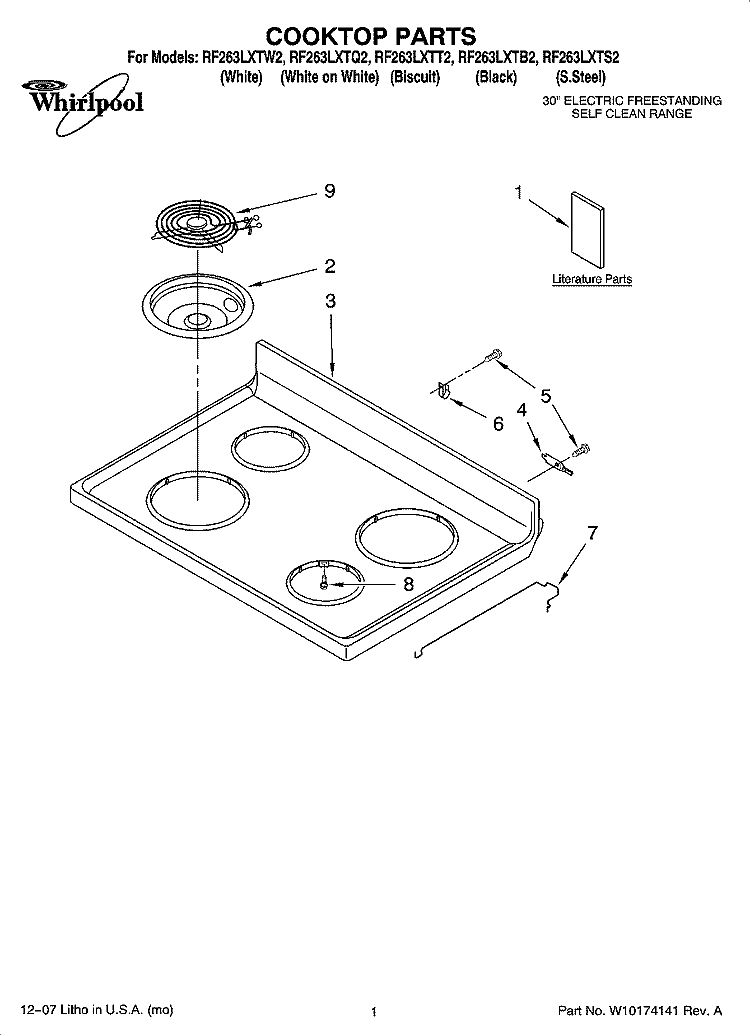 COOKTOP PARTS Diagram and Parts List for RF263LXTQ2  Whirlpool Range