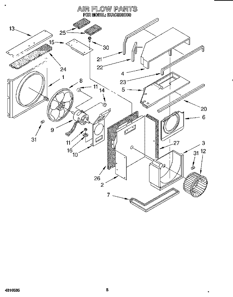AIR FLOW Diagram and Parts List for 3XACM09DD0  Whirlpool Air Conditioner