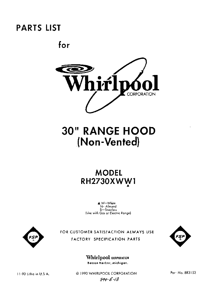 SECTION Diagram and Parts List for RH2730XWS1  Whirlpool Range Hood