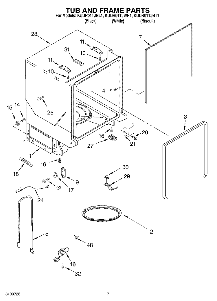 TUB AND FRAME PARTS Diagram and Parts List for KUDR01TJBT1  KitchenAid Dishwasher