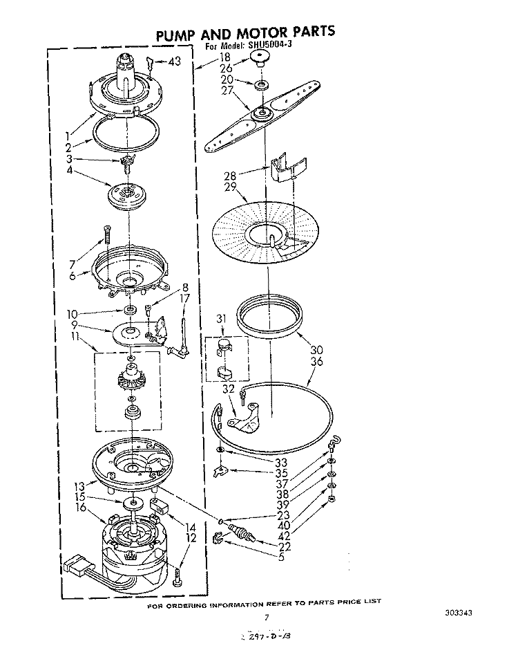 PUMP AND MOTOR Diagram and Parts List for SHU50043  Whirlpool Dishwasher