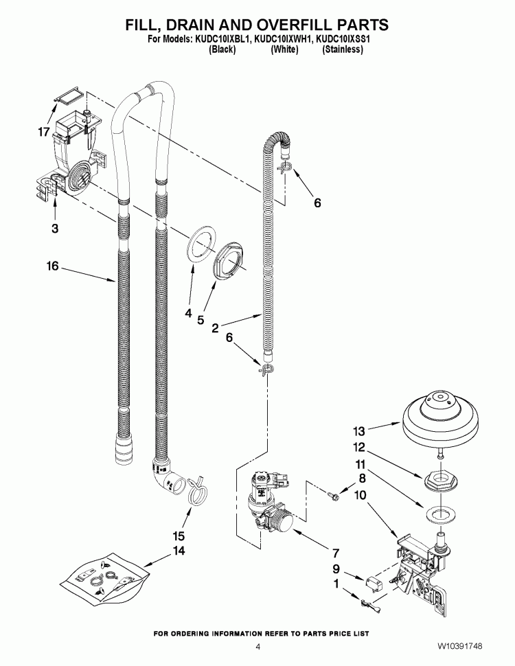 FILL, DRAIN AND OVERFILL PARTS Diagram and Parts List for KUDC10IXWH1  KitchenAid Dishwasher